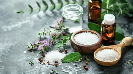 Salt and organic oil with lotion and cream and herb leaf on the table , ingredient for produce skin cosmatic.