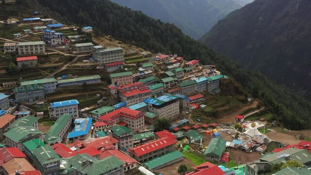 Flight over namche bazaar, the largest village on the way to Mount Everest, Nepal.