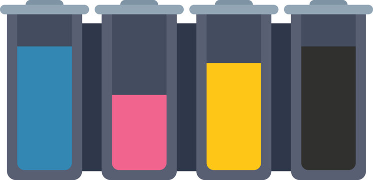 Set of continuous ink supply system cartridges showing different ink levels for color printing