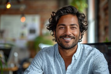 Fototapeta premium Happy Indian businessman professional leader standing arms crossed in office. Smiling male employee, business man company executive manager, confident eastern entrepreneur at work, portrait.