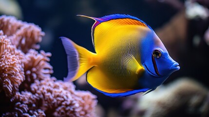 Naklejka premium A vibrant blue and yellow fish with a black eye swims past a coral reef.