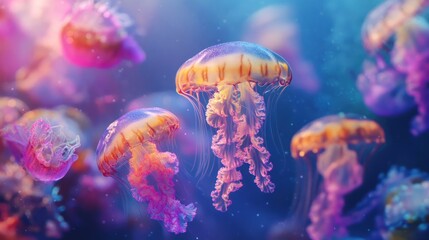 A group of colorful jellyfish swim gracefully in a vibrant blue and purple water.