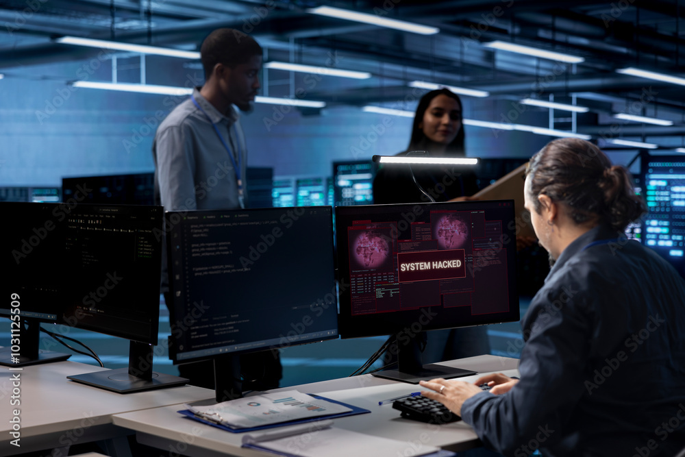 Poster admin in server hub trying to protect hardware from hacker attack stealing sensitive information. da