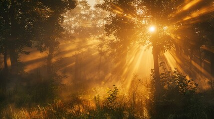 Naklejka premium Golden rays of sunlight piercing through morning mist in a forest