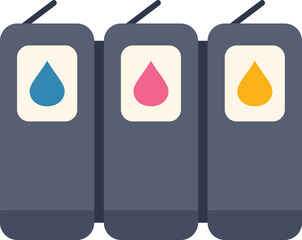 Three ink cartridges with drops of cyan, magenta and yellow ink are standing in a row