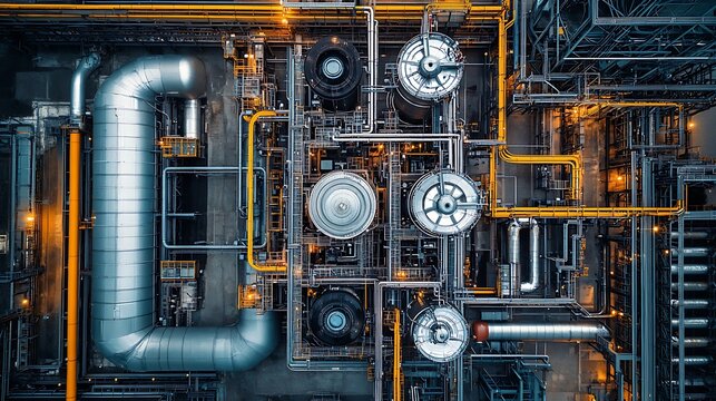 An aerial view of a hydrogen fuel cell installed in an industrial power plant, with pipes and energy monitoring equipment surrounding it. 
