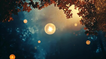 A large, glowing moon shines in the evening sky above a canopy of red leaves - Powered by Adobe