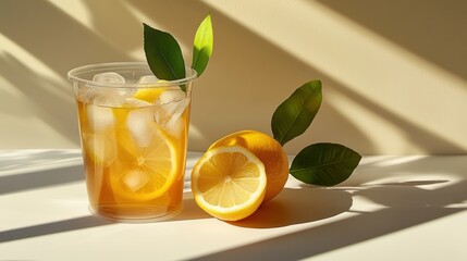 Iced tea with lemon slices and leaves in a plastic glass on a white table with a yellow background.