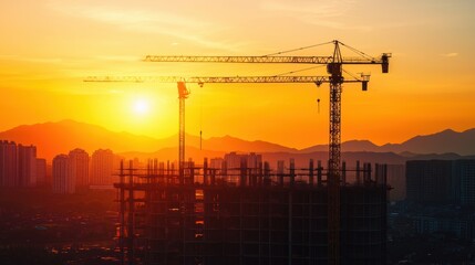 Silhouetted Construction Cranes Against Vibrant Sunset Cityscape