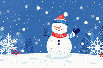 Playful snowman greeting in a traditional Christmas card design with blue and white colors