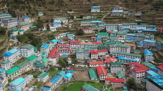 Flight over namche bazaar, the largest village on the way to Mount Everest, Nepal.