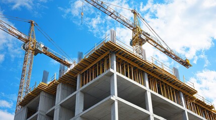 Towering Construction Site With Cranes and Scaffolding in Urban Skyline