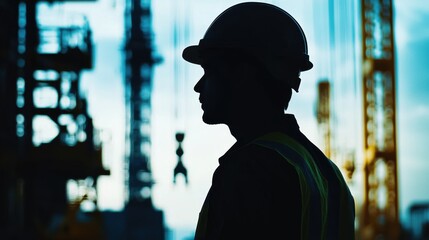 Silhouetted Construction Worker in Hard Hat at Industrial Site