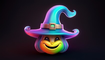 Minimalistic 3D cartoon rainbow witch emoji on black, holographic colors, Octane rendering, high quality.