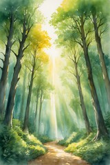 Obraz premium Enchanting watercolor forest scene with sun rays illuminating a tranquil path