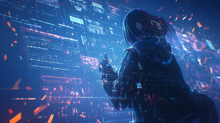 This image shows a figure manipulating a holographic coding interface in a virtual reality setting, emphasizing advanced technology and data interaction