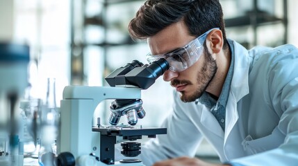 Professional Scientist Conducting Thorough Examination with Microscope in Laboratory