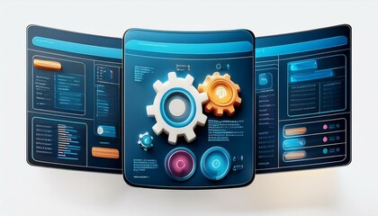 Fototapeta premium A software interface with gears and multiple menu options, isolated on a white background. Modern tech concept. 3D Rendering