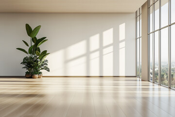 Bright Minimalist Room with Large Windows and Plants
