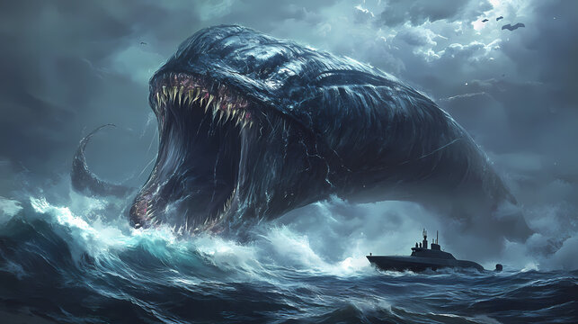 As a leviathan awakens from deep waters, a naval submarine surfaces, breaking the calm of the sea. Sea Leviathan. Illustration