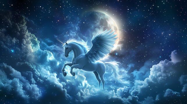 Celestial pegasus against a starry night sky with ethereal clouds and a glowing moonlit background. Moonlit Pegasus. Illustration