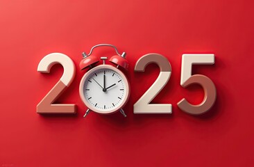 Multi-colored inscription 2025, instead of 0 alarm clock, red plain background