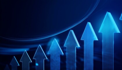 Abstract up and down arrows on dark blue backdrop. The concept of digital traffic or exchange. Business growth or investment ideas. Blue arrow technology background. 3D Rendering.