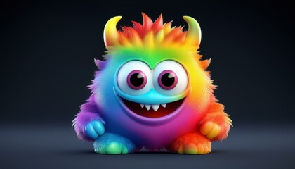 Fototapeta premium Minimalistic 3D cartoon rainbow monster emoji on black, holographic colors, Octane rendering, high quality.