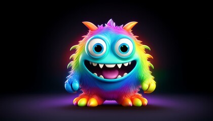 Minimalistic 3D cartoon rainbow monster emoji on black, holographic colors, Octane rendering, high quality.