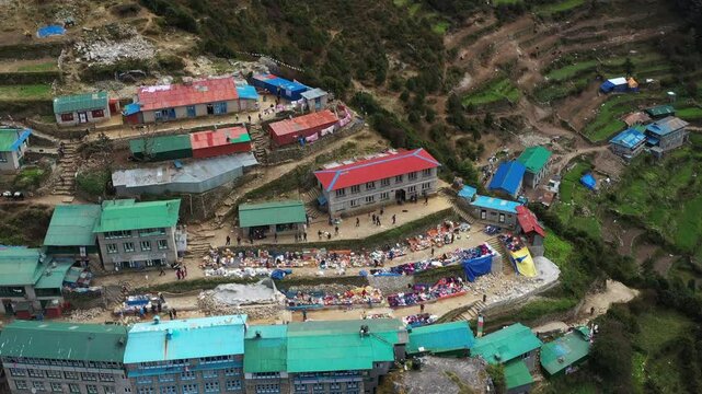 Flight over namche bazaar, the largest village on the way to Mount Everest, Nepal.