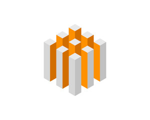 Cube logo, geometric vector design. Box logotype company, trendy tech emblem in pixel style.