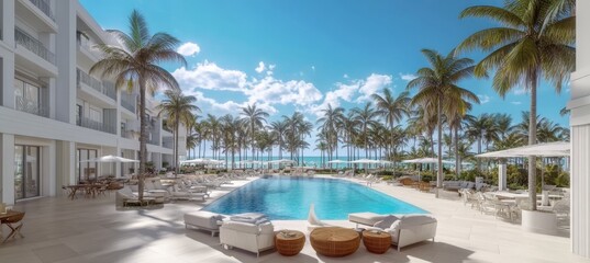 Fototapeta premium Luxurious tropical resort Pristine pool, swaying palms, and ocean views. Perfect vacation getaway
