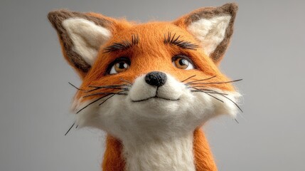 Obraz premium A close-up portrait of a handmade needle felted fox looking up with a mischievous grin.