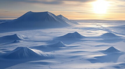Snow Covered Mountains Under Sunset, Winter Wonderland Landscape With Majestic Snowcapped Peaks
