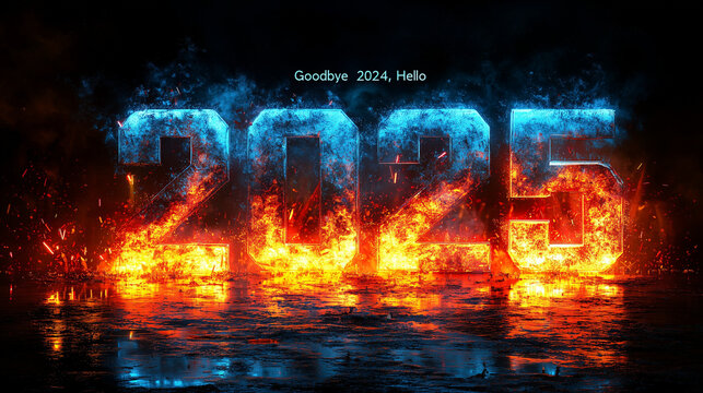 dramatic new year 2025 transition with fiery and icy text effects over a reflective water surface