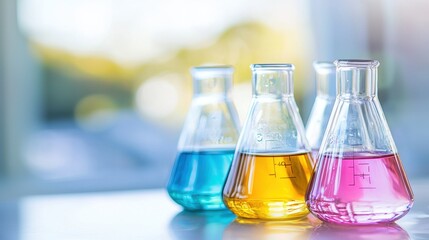 Colorful Chemistry Lab Glassware with Liquids in Assorted Hues for Scientific Experiments