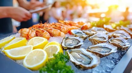 A vibrant seafood platter featuring fresh oysters and shrimp on ice with lemon wedges, AI