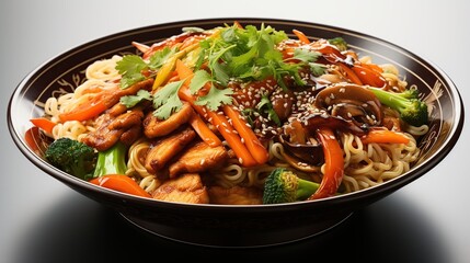 A close-up of a bowl of noodles with chicken, vegetables, and sesame seeds.