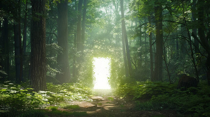 Obraz premium Mysterious Glowing Portal in Ancient Forest with Sunlight Streaming Through Dense Trees - Concept of Magic, Adventure, and Exploration