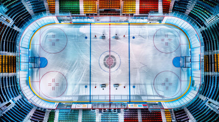 Aerial View of Empty Colorful Hockey Arena Capturing the Symmetry and Spaciousness, Concept of Sports Architecture, Venue Design, Sporting Events