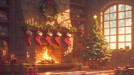 rustic stone fireplace adorned with christmas stockings and a tree by a snowy window