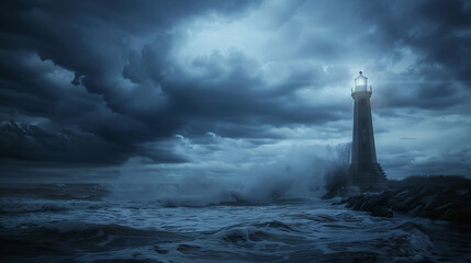 Majestic Lighthouse Standing Strong Amidst a Powerful Storm with Dark Clouds and Crashing Waves