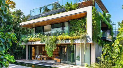 Modern sustainable house with lush green roof and vertical garden, concepts of eco-friendly architecture, renewable energy, and luxurious living