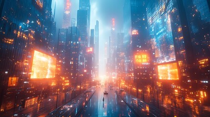 Fototapeta premium Futuristic cityscape with glowing skyscrapers and neon signs.