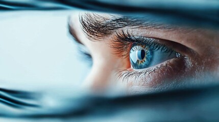 Close-up of a blue eye peering through blinds, capturing curiosity and focus, AI
