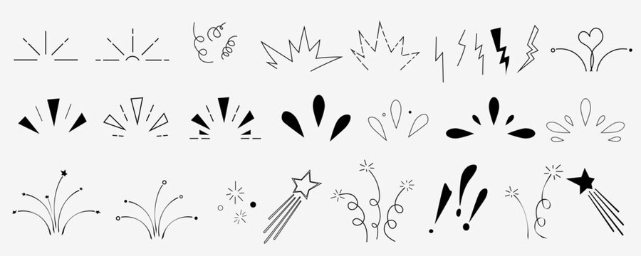 Line confetti exclamation icon elements. Hand drawn confetti explosion burst ray shine line icon illustration. Spark exclamation emphasis ray twinkle starburst decoration. Vector illustration.
