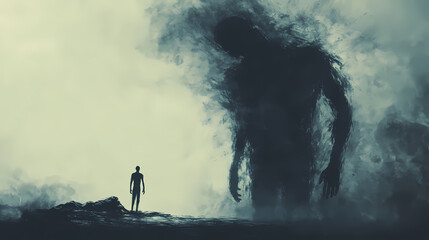 Fototapeta premium Eerie encounter: ghostly figure hovering above collapsed individual. Shadowy Specter. Illustration