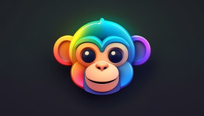 Minimalistic 3D cartoon rainbow monkey emoji on black, holographic colors, Octane rendering, high quality.