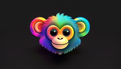 Fototapeta premium Minimalistic 3D cartoon rainbow monkey emoji on black, holographic colors, Octane rendering, high quality.