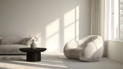 Fototapeta premium Minimalist, japandi style interior design of modern living room. Beige boucle sofa and stylish armchair against blank mock up wall with copy space